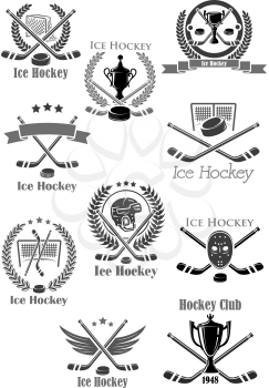 Ice hockey sport game isolated icon set. Hockey puck and stick, champion trophy cup, goalie mask, player helmet and gate, framed by heraldic wreath with ribbon banner and star for sporting club design