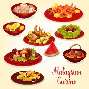Malaysian cuisine meat and seafood dinner dish icon. Pickled vegetable salad, chicken noodle soup and crab claw, shrimp and chicken wing in chili sauce, beef rib soup, chicken stew and coconut dessert