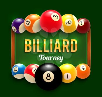 Billiards tournament poster design of color billiard balls on green table background. Vector snooker sport game tourney announcement template for billiards team championship