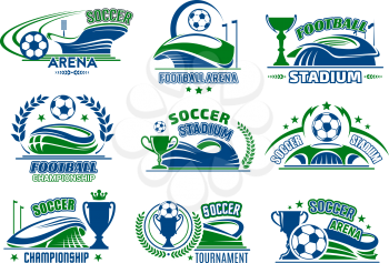 Soccer championship sport icons design templates set. Football match or cup vector isolated heraldic badges of football ball, victory cup and soccer champion crown and stars for college league team