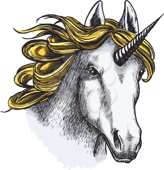 Unicorn horse sketch of magic animal with golden mane and spiraling horn. Head of legendary creature or fairy horse isolated vector for tattoo, t-shirt print or heraldry design