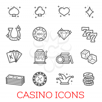 Casino vector icons set. Concept of real money casino or poker game, lucky seven and gambling chips exchange. Symbol of roulette and gambling isolated on white background. Casino icons cards and money