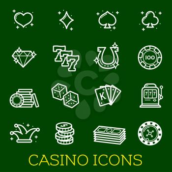 Casino gambling and poker vector thin line icons Vector jackpot and bingo symbols of dice, playing cards and money coins, joker cap and lucky horseshoe and slot machine for online internet casino