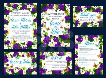 Save the Date cads design for wedding greeting or engagement party invitation. Vector flourish bouquets of crocuses and jasmine flowers with bride and bridegroom names in flowery frames