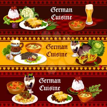 German cuisine traditional food and drink banners. Beer with potato meat casserole, stuffed pepper and cabbage soup, duck with vegetable, cream pasta and meatball, chocolate cake and rice pudding