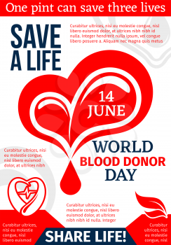Heart with drop of blood medical banner for blood donation template. World Blood Donor Day promo flyer for transfusion laboratory, volunteer donor center and health charity design