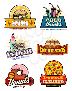Fast food icons for cinema bistro bar or fastfood restaurant snacks menu. Vector set of chicken burger, cold soda drinks or ice cream and Mexican enchiladas, chocolate donuts and Italian pizza