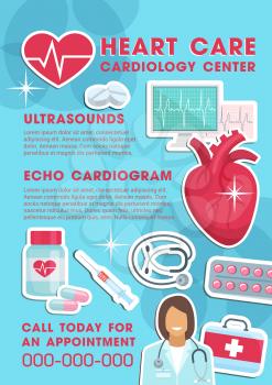 Medical poster for heart care and cardiology center. Vector design of cardiologist doctor with stethoscope, pill medicines and pharmaceutical treatments for cardiogram and ultrasound