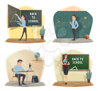 Back to school icons with class and student, geography teacher. Geometry lesson and triangle on blackboard. Hall with lockers, desk and globe, microscope for biology, backpack and basketball vector