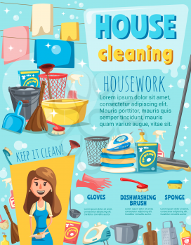 House cleaning poster with housework item and housewife. Clean spray, brush and mop, bucket, glove and broom, detergent bottle, sponge and laundry work equipment banner for house chore design
