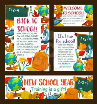Back to School welcome banner and education stationery poster of school bag or book, pencil or ruler and computer. Vector mathematics formula on chalkboard, paint brush and September autumn maple leaf