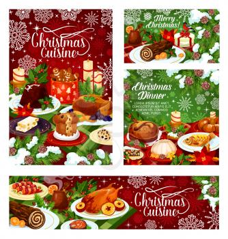 Christmas dinner banner of festive table with Xmas food. Baked turkey and fish, cookie, fruit pudding and cake, mulled wine and nut dessert with holly berry, candle and snowflake for Xmas party design
