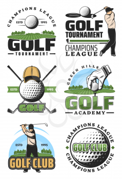 Golf tournament and champion league retro icons, sport club design. Golfer with ball and club, green course, hole and pin, flag and cap isolated icons for golf symbols and emblem