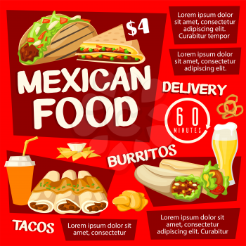 Mexican fast food restaurant poster, takeaway snack and drinks. Meat taco and tortilla burrito with vegetable salad, nacho with chili pepper sauce, soda and quesadilla dishes. Cafe menu design