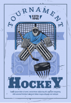 Ice hockey tournament, winter sport game competition. Hockey goalie protecting gate with stick and puck, championship match vector retro design