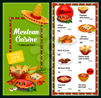 Mexican cuisine restaurant menu meat and snack dishes. Chicken and tomato soup with tortilla and bean burrito, beef stew, stuffed pepper, steak and cheese potato casserole. Vector illustration