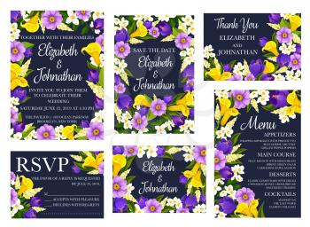 Wedding floral card, invitation and save the date, thank you, RSVP and menu template. Festive flower banner with bouquet and frame of spring crocus, calla lily and blooming branch of jasmine plant