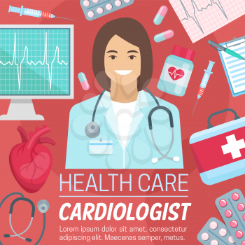 Cardiology medical clinic or cardiac diagnostic center. Doctor with heart, stethoscope and cardiogram, pills, syringe and ecg heartbeat pulse. Medicine and health care design