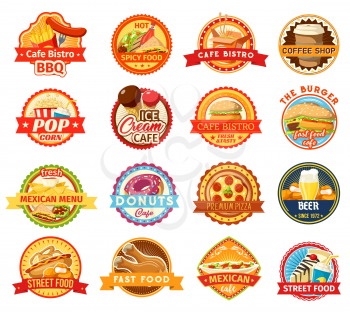 Fast food icons. Burger, pizza and fries, donut, hot dog and soda, ice cream, chicken nuggets and mexican taco, nacho and popcorn elements. Coffee shop and bistro design