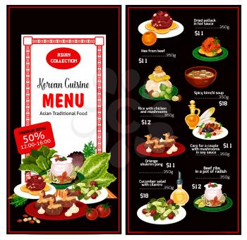 Korean cuisine traditional food menu. Vector lunch with dried pollack in hot sauce, beef hee or spicy kimchi soup and rice with chicken and mushrooms, carp fish in soy sauce and salad