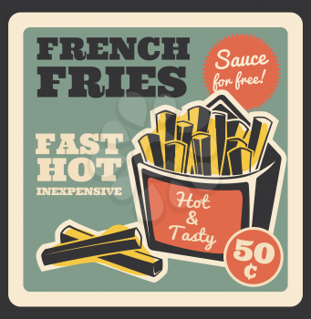 French fries retro poster for fast food restaurant or cinema bistro. Vector vintage design of finger food tasty fried potato in box with free sauce for fastfood delivery or takeaway cafe menu