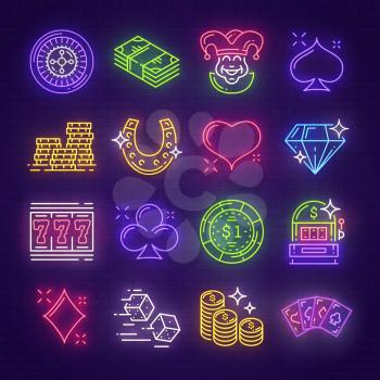 Casino neon signboards for poker or gambling game and slot machine. Vector neon light line signs of golden coins, horseshoe or wheel of fortune and dice with playing cards for online casino design