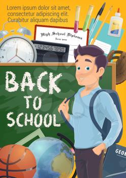 Back to School blackboard poster for education season with pupil and study stationery. Vector college boy with school bag or backpack at chalkboard with math calculator or lesson books
