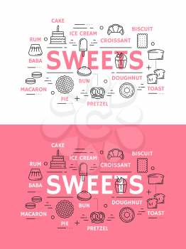 Sweets with pastry, bakery and ice cream desserts. Cake, bread and croissant, cupcake, donut and ice cream, bun, pie and cookie, toast, macaron and pretzel thin line.Vector illustration