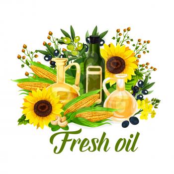 Oil bottle with natural vegetable ingredients. Black and green olive fruit, corn and sunflower, colza, nuts and peanut kernel. Food package or agriculture theme design