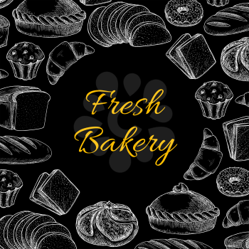 Vector sketch bakery, bread products. Croissants and cakes, buns and rolls, loaves of bread and bagels, flatbread and muffins, cracker and cookies, toasts and donuts on blackboard
