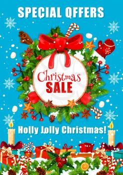Christmas sale poster for winter holidays special offers. Xmas tree wreath of holly berry, gift and snowflake, ribbon bow, star and candy, Santa glove and candle banner for discount price promo design