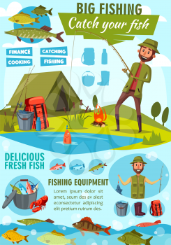 Big fishing cartoon poster for fisher man catching fish on lake or river. Vector fisherman camping tent and fire, pike, marlin or tuna and salmon with trout on rod hook
