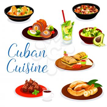 Cuban cuisine meat dishes with fruit dessert and drinks. Vector ham sandwich, beef, pork and chicken stew with vegetables, fried banana, coconut mojito, rice bean and avocado salads, coffee cupcake