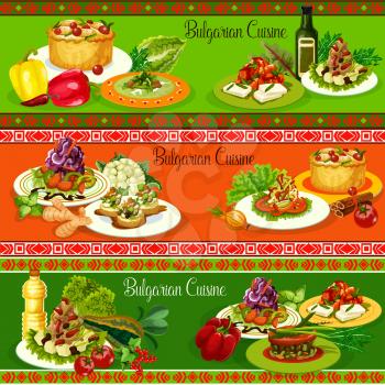 Bulgarian cuisine vegetable dishes with meat and cheese. Vector cabbage and pepper salads, tomato eggplant chutney lutenica and lamb stew, zucchini toast with bryndza, beef meatball soups, fruit pie