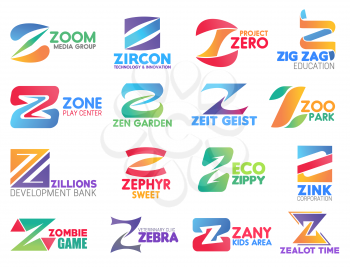 Corporate identity letter Z business icons. Vector media and technology innovation, education and gaming, gardening and zoology. Banking and food, ecology and corporation, veterinary signs and symbols