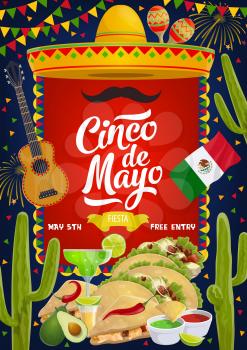 Cinco de Mayo traditional Mexican fiesta party celebration. Vector sombrero and mustache, Mexico flag with Cinco de Mayo fireworks and food tacos, lime margarita cocktail and avocado guacamole salsa