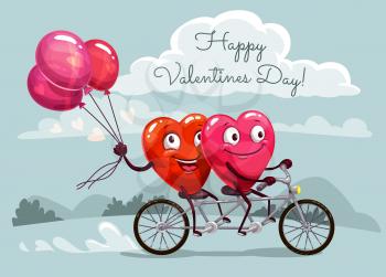Happy Valentines Day vector greeting card with couple of loving hearts with red balloons riding bicycle. Romantic love holiday celebration design
