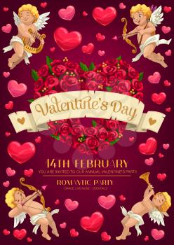 Valentines Day heart shaped wreath of rose flowers and Cupids vector invitation of romantic love holiday party. Amurs with love arrows, harp and angel wings, bow, pipe and vintage ribbon banner