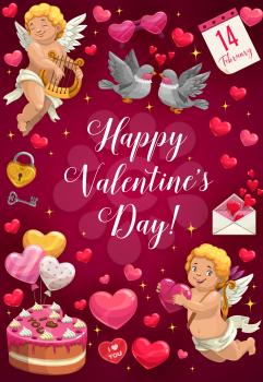 Valentines Day love holiday hearts and Cupids vector greeting card. Romantic gifts, balloons and chocolate cake, love letter envelope, calendar and candies, couple of birds, Amurs arrows, bow and harp