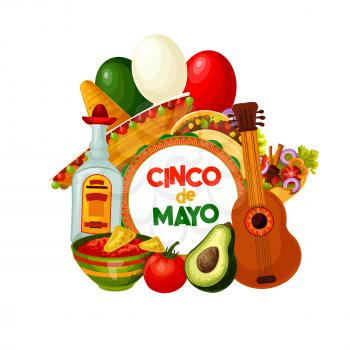 Cinco de Mayo celebration symbols and Mexico holiday fiesta food. Vector Cinco de Mayo traditional burrito with salsa, avocado and cactus tequila, party guitar and sombrero with Mexican flag balloons