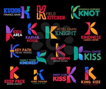 Letter K corporate identity icons of finance bank, cardio medical center or online training courses and science school. Night club, hotel or commercial business and clothing store vector K symbols