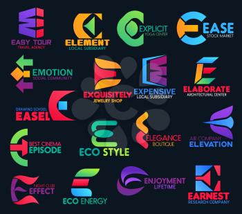 Eco energy research company, night club or yoga fitness center letter E icons. Social community, architecture and construction business project or jewelry shop vector corporate identity E symbols