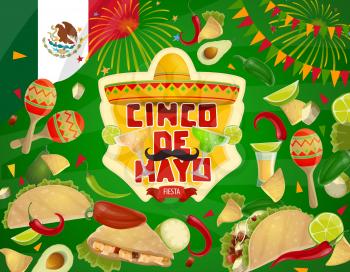 Cinco de Mayo fiesta party food and drink vector invitation of Mexican holiday. Sombrero, maracas and moustaches, tequila, margarita and avocado, chilli tacos, nachos and lime, Mexico flag, fireworks