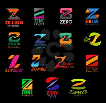 Business corporate identity, letter Z icons. Design and distribution, project and finance, development and education. Fashion and zoology, sport and entertainment, shopping and confectionary vector