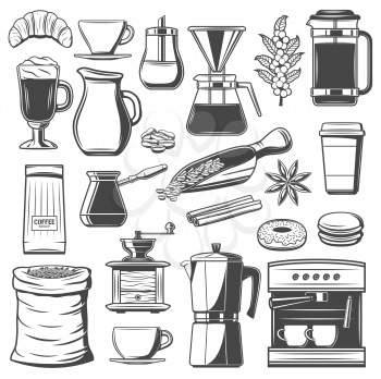 Coffee vector icons with cup and mug of hot drinks, espresso machine, cafe tools and equipments. Bean grinder, pot and sugar, croissant, kettle and chocolate beverage, scoop, cezve and french press