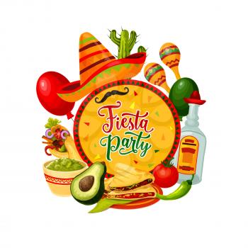 Mexican sombrero, maracas and tequila vector design of Cinco de Mayo fiesta party. Mariachi hat, moustaches and cactus, chilli pepper, tomato and avocado, festive balloons and ethnic ornaments