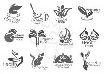 Vegetarian cuisine healthy food eating icons. Vector symbols of vegan leaf salad, fork and spoon cutlery, natural organic vegetarian restaurant or cafe sign