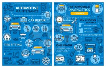 Car repair or automotive vehicle diagnostics service. Automobile transport restoration garage station, oil change and brake replacement or tire fitting and pumping, auto mechanic maintenance