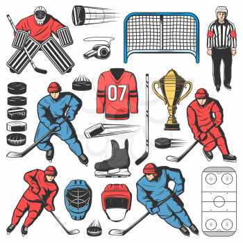 Ice hockey players team, outfit and equipment icons. Vector forward, defenseman and goaltender or goalkeeper with ice hockey pucks and sticks, skates, shin or shoulder pads, gloves and helmets