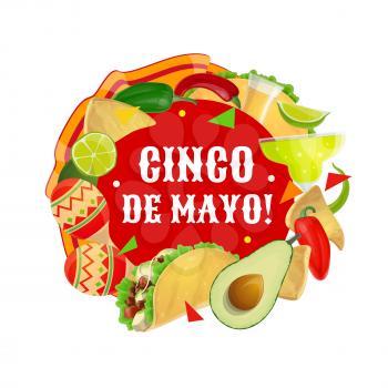 Cinco de Mayo fiesta Maracas, Mexican party food and drink vector design. Cactus tequila, margarita and chilli pepper, avocado, tacos and corn nachos, lime, jalapeno and mariachi musician costume